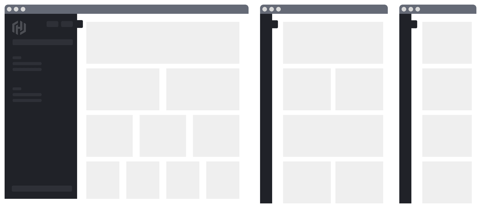 Diagram depicting "large", "medium", and "small" screen sizes displaying a varying number of columns in rows of content blocks.